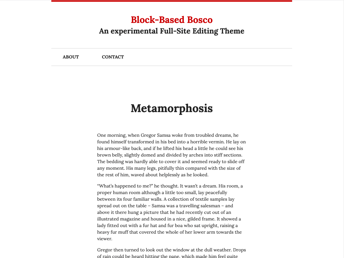 A screenshot of Block-Based Bosco, a full-site editing compatible theme.