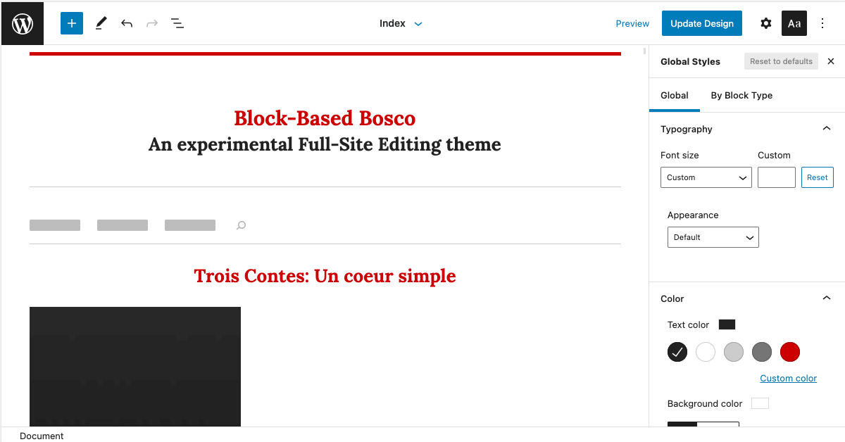 Editing the global styles of the Block-Based Bosco theme in the site editor