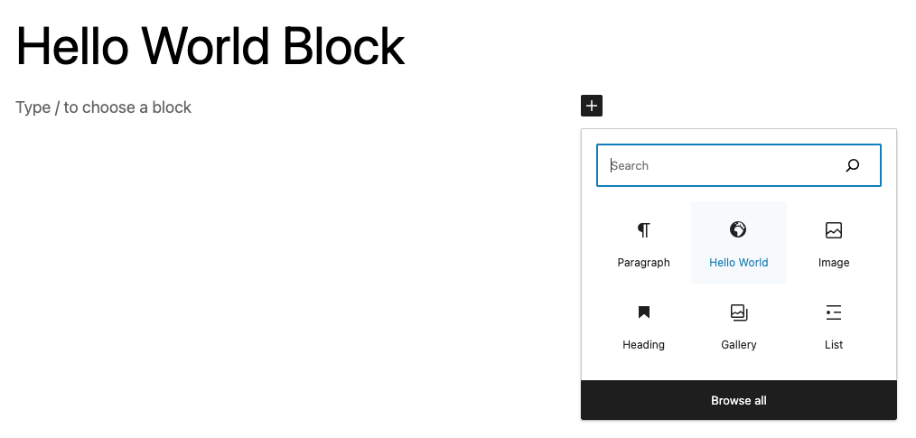 The custom Hello World block in the block editor inserter.