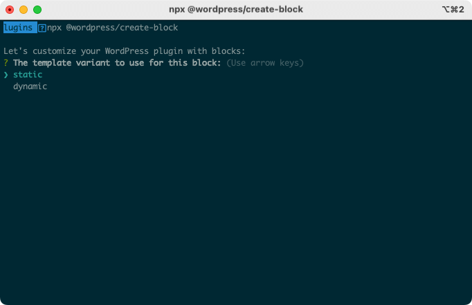 Using @wordpress/create-block, custom blocks are configured using an interactive dialogue on the command line.